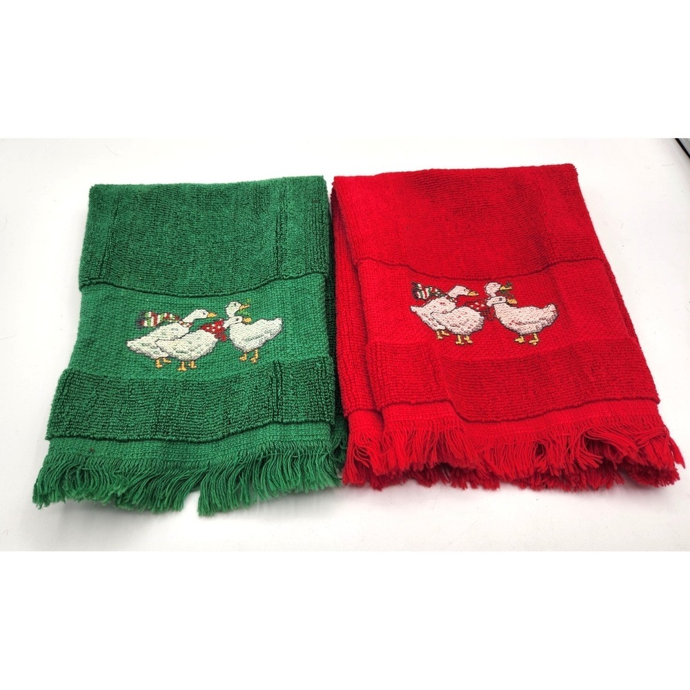 Vintage Pair Christmas Cross Stitch Hand Towels Geese Red Green